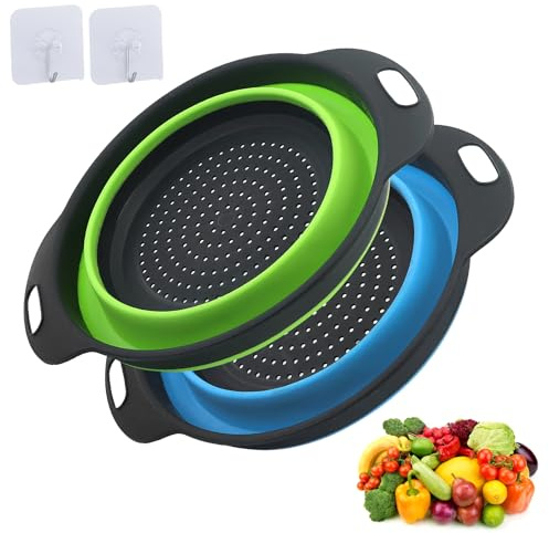 2 Pièces Passoire Pliable Silicone, Bleu et Vert, Colander Set, Portable Panier de Fruits, Économisez de l'espace de Cuisine, Facile à Nettoyer(28.5CM)