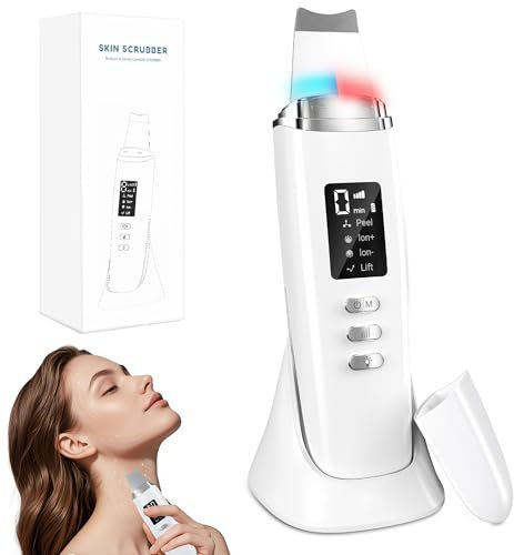 Yeerain Pulizia Viso Ultrasuoni, Skin Scrubber con 4 Modalità e Intensità Regolabile, Luce Rossa e Blu Spatola Professionale Punti Neri Rimozione Pulizia Profonda la Viso Peeling e Cura