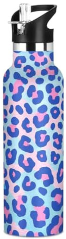 Blue-pink Leopard Print Leak Proof & BPA Free Kids' Metal Water Bottle With Straws Leak-proof Double Wall Vacuum Bike Running Sports Travel Gym
