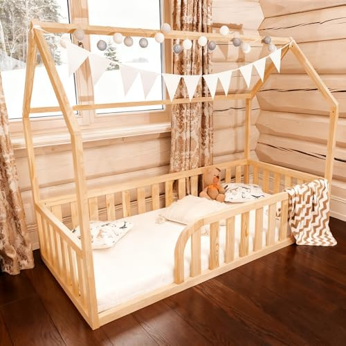 Mandrele Bodenbett 90x160 für Kleinkinder, Montessori Hausbett aus FSC-Kiefernholz Natur, Kinderbett mit Lattenrost und 41 cm Rausfallschutz, Einstieg Links