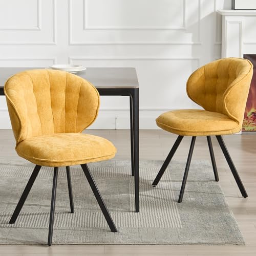 DAYALANE Esszimmerstühle 2er Set, Küchenstuhl Polsterstuhl mit Metallbeine aus Chenille, Gebogene Rückenlehne Wohnzimmerstuhl für Esszimmer Wohnzimmer Küche Schlafzimmer, Gelb