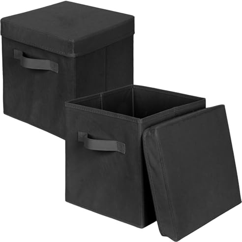 powerking Storage Box Bins, 2 Pack Foldable Fabric Storage Cube with Lid, Clothes Organizer Drawer For Closet And Toys Storage,27x27x28cm,Black