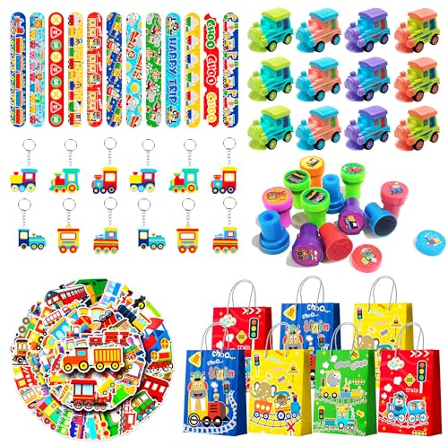 Kaxulvoblig 110pcs Train Party Favors, Train Birthday Favors Set Including Train Theme Party Bags Keychains Slap Bracelets etc Train Themed Birthday Party Favors for Train Party Decorations
