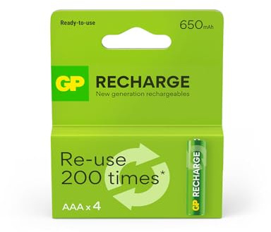 GP Batteries Rechargeable AAA Battery, 650 mAh, Pack of 4, Model 1271363, Silver