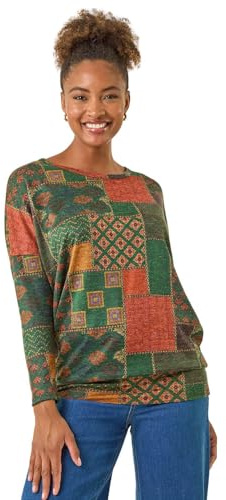 Roman Originals Blouson Top for Women UK Ladies Drop Shoulder Long Sleeve Jersey Stretchy Oversized Casual Office Jumper Soft Everyday Sweater Lounge Sweatshirt Blouses - Green Multi - Size 16
