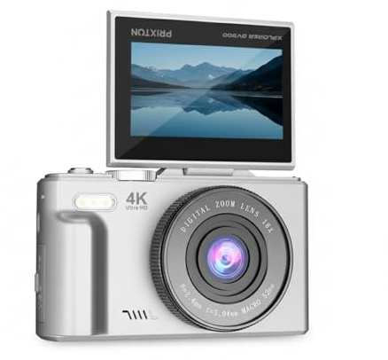 PRIXTON Digitalkamera Xplorer DV900 4K, 64MP Kamera mit 3,0” Flip IPS Display, WLAN, 18X Zoom, austauschbarer Akku 1,5h, SD-Karte bis 256GB, App Zero CAM (Silber)