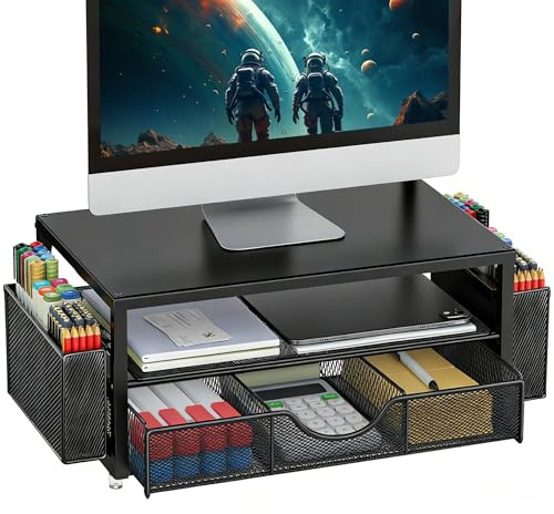 Pygocereri Monitor Stand with Drawer, Desk Organiser and Accessories, 2-Tier Computer Monitor Stand Riser with Drawer and 2 Pen Holder, Laptop Stand, Office Desk Accessories for Desk Tidy