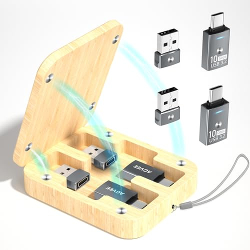 AGVEE Magnetic Bidirectional USB to USB-C Adapter with Effortless Bamboo Storage Box, Quick Access USBC Type C Converter, Office Organization Dark Gray