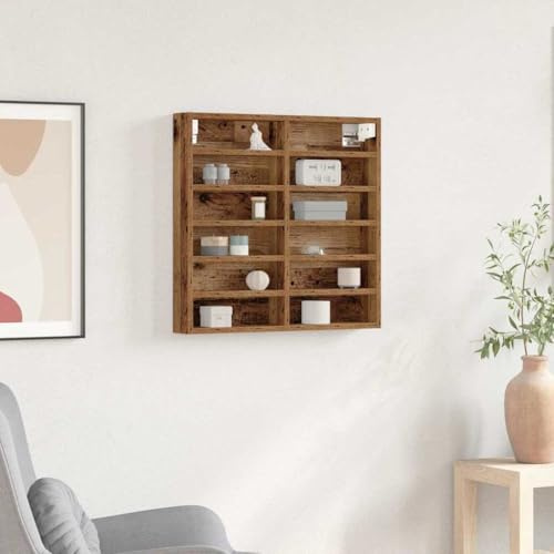 Bucmath Vitrine mit Regal Altholz 60x8,5x58cm, Holzwerkstoff, Wandmontage, 16 Fächer, schmale Hängeregal für Wohnzimmer, Schlafzimmer, Büro