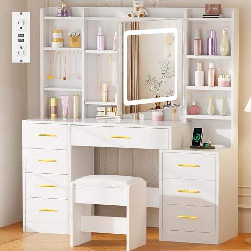 BEWISHOME Large Makeup Vanity Desk with Lights,12 Hooks and Cushioned Stool | White Vanity Table with Power Outlet,3 Lighting Modes,8 Drawers,7 Open Shelves and Nightstand,Dressing Table for Bedroom
