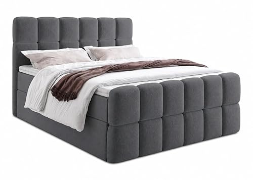 Boxspringbett SELA Kontinentales Polsterbett mit Kopfteil und Fußteil in Bouclé Stoff, Gepolstert, H3, Modernes Designerbett, Weiches Komfortbett, Doppelbett (Dunkelgrau: Fredo 40, 120x200 cm)