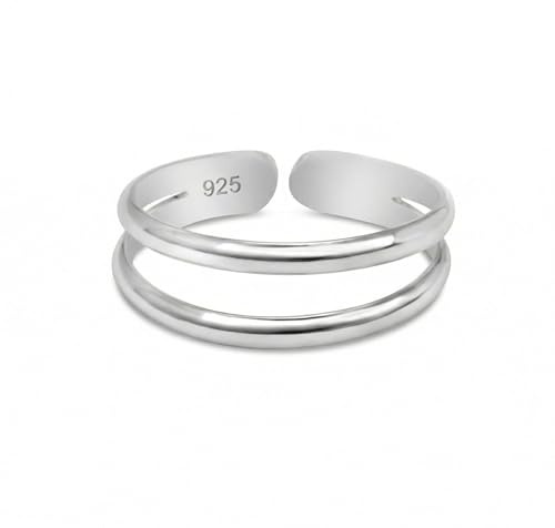 Sterling Silver Toe Ring, Handmade Adjustable Open Double Band - 2 Lines Design, Minimalist Dainty Summer Beach Foot Jewelry for Women, Can Be Worn as Knuckle or Pinky Ring (Double Band 2)