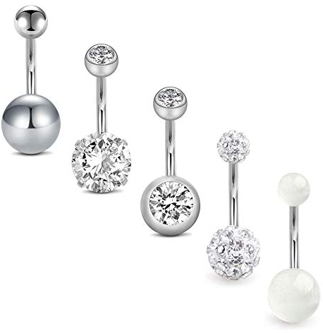 D.Bella Chirurgenstahl Bauchnabelringe 10mm 3/8 Langhantel Piercing für Frauen & Mädchen - Silber, 14g