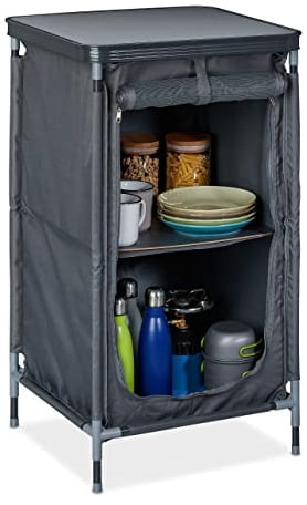 Relaxdays Armario para Camping, 2 baldas, 87 x 47,5 x 47,5 cm, Mueble de Camping con mesita, Almacenamiento Camping, Gris