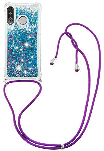MRSTER Handykette Kompatibel mit Huawei P30 Lite, Glitzer Flüssig Bewegende Treibsand Handyhülle mit Necklace mask Lanyard Schutzhülle für Huawei P30 Lite. LP Love Blue