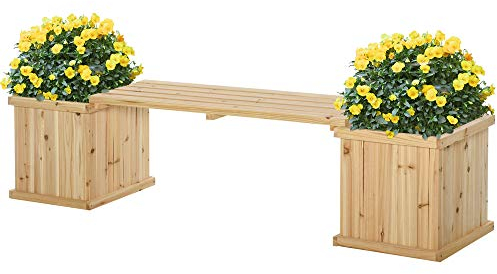 Outsunny 37L Wooden Garden Planter & Bench Combination Garden Raised Bed Patio Park Natural 176 x 38 x 40 cm