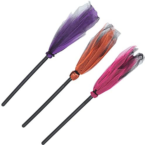 TOYANDONA 3PCS Halloween Witch Broom, 25. 6 inch Plastic Witch Broomstick Wizard Flying Broom for Kids Halloween Costume Accessories (Red+ Purple+ Orange)