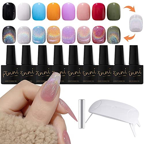 Universal Rainbow Cat Eye Gel Nail Polish 9D Holographic Glitter Magnetic Reflective Gel Nail Polish Laser Diamond Cat Eye Nail Polish with Magnetic Stick + LED UV Nail Lamp