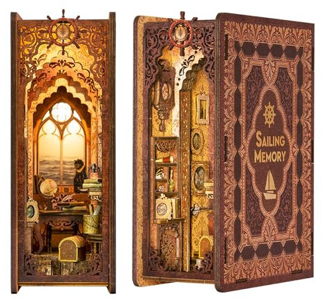 Fsolis Book Nook Kit - DIY Miniatur Puppenhaus - Buchecke mit LED Licht, 3D Holzpuzzle Buchstütze für Erwachsene und Teenager, Bücherregal Dekor Kreatives Geschenk (Sailing Memory)
