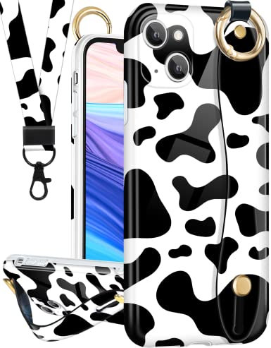 LISEVO (2in1 Kuhdruck Hülle mit Band für iPhone 13 6,1 Zoll Niedliches Ästhetisches Cowprint Design Loopy Girly Frauen Hüllen Kuh Handschlaufe Mädchen Griff Fingerschlaufe Handyhülle + Lanyard für