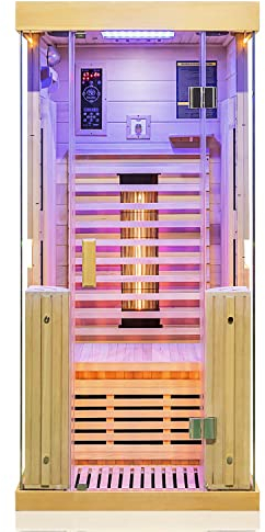 Dewello® Infrarotkabine Infrarotsauna Kingston 90cm x 90cm für 1 Person aus Hemlock Holz mit verstellbarem Vollspektrumstrahler