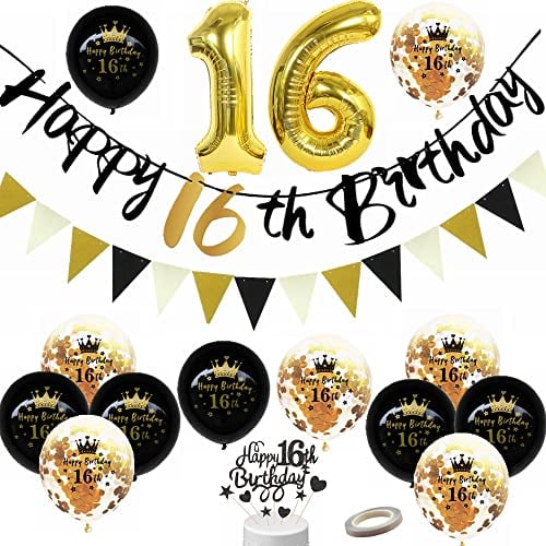 Yunchu Online Luftballon 16. Geburtstag Dekoration Junge Mädchen Schwarz Gold Party Deko Tortendeko Geburtstag Banner Wimpelkette 16 Geburtstag Junge Deko Geschenk 16 jahre Geburtstag Deko Ballon