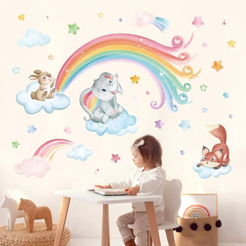 wondever Wandtattoo Regenbogen Tiere Wandaufkleber Elefant Hase Fuchs Wolken Wandsticker Wanddeko für Mädchen Kinderzimmer Babyzimmer Schlafzimmer
