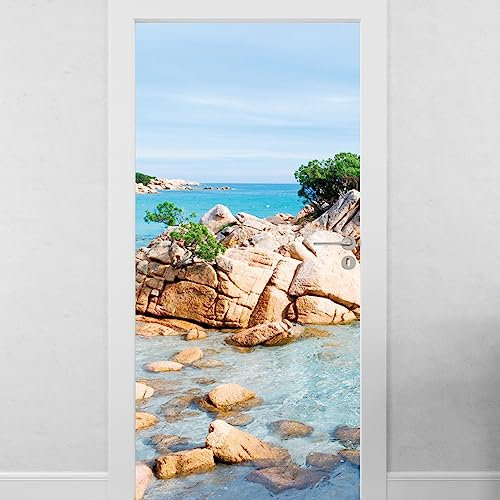 Sticker mural Porte Voyage Ile Paradisiaque - Sticker Porte En Trompe Oeil - Rochers - Autocollant mural décoration - Autocollant Porte - Poster de Porte - Stickers Muraux (63x205m cm)