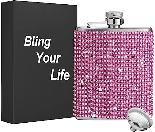 Diamond Hip Flasks - Glitter Stainless Steel Leakproof Hip Flasks for Vodka, Bling Rhinestone Hip Flask, Cute liquor flask for women (8oz, Pink)