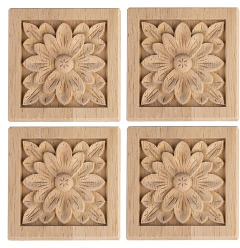 Aiminjey 10 Pcs Decorative Wood Flower Carved Appliques Onlays, 6 x 6cm Unpainted Solid Wood Square Carving Decal for Furniture Cabinet Closet Decoration (2.4inch-10pcs)