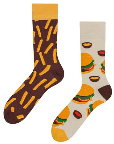 Dedoles Socken Unisex Damen Herren & Kinder Baumwolle viele lustige Designs 1 Paar Geschenk links rechts verschieden, Farbe Gelb, Motiv Burger und Pommes Frites, Gr. 35-38