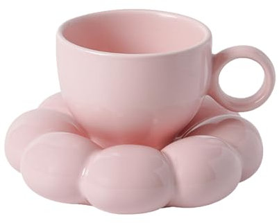 Soulnioi Tasse à café en céramique de 200 ml avec dessous de verre en forme de tournesol, tasse à thé latte en forme de nuage pour bureau et maison, cadeau pour femmes et filles (rose)