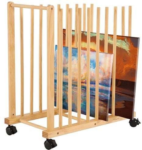 VISWIN Art Storage Rack with Casters & Handle - Wooden Drying & Display Rack with Adjustable Slots for Canvas, Prints, Panels & Posters, Ideal Art Organizer for Studios & Galleries
