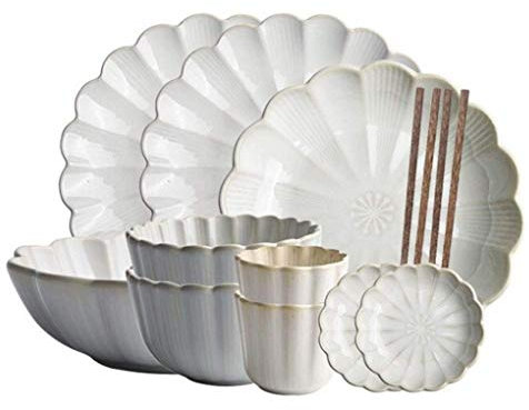 Juego de vajilla de cerámica de 12 piezas, creatividad, con forma de flor, platos, cuencos y tazas, servicio para 2 personas, color blanco