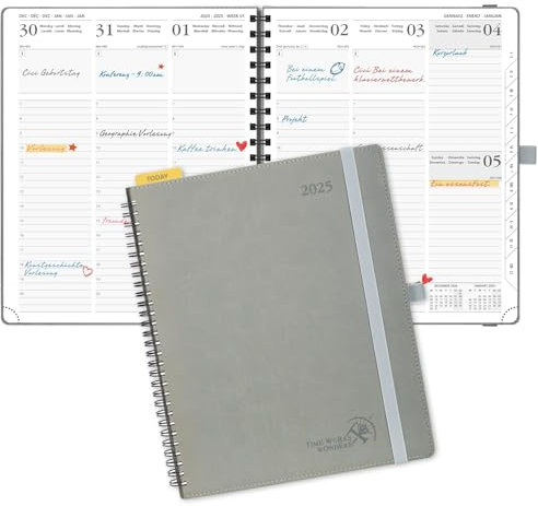 POPRUN Kalender 2025 Wochenplaner Ringbuch mit Softcover, ca. A4 (26,5 x 21,5 cm), 12-Monate-Terminplaner (Jan.2025-Dez.2025) 1 Woche 2 Seite mit 100 GSM Zertifiziertem Papier - Grau