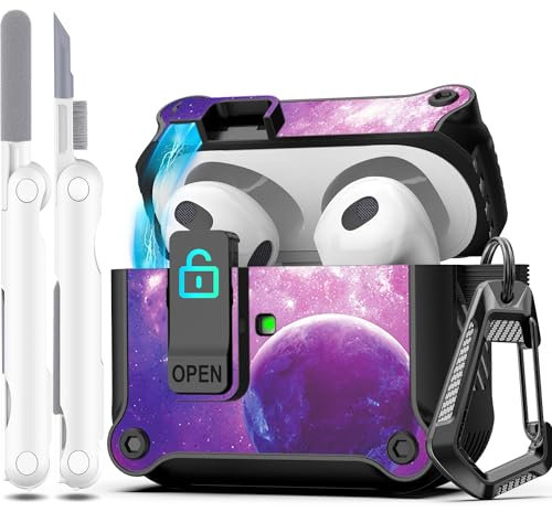 R-fun Compatible con AirPods 3ª Generación 2021 Funda de Carga, Protección Total contra caídas Auto Pop-Up Tapa Compatible con Apple Airpods 3 Gen Funda con Kit de Limpieza y Llavero,Cielo Estrellado
