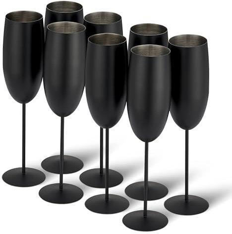 Oak & Steel - 8 Edelstahl Sektgläser Geschenkset (285ml), Champagner & Prosecco Gläser - Matte Schwarz - Unzerbrechlich - Halloween Tischdeko, Geschenkset für Weihnachten