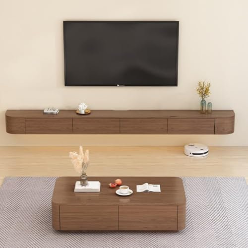 Meuble TV Flottant en Bois Massif, Meuble TV Mural, étagères flottantes, Console multimédia de Divertissement Moderne, Grand Banc de Rangement pour TV avec Porte (Noyer, 220 cm)