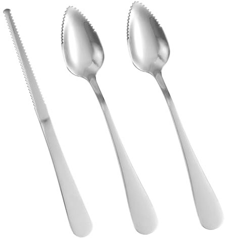 3pz Set di Cucchiai e Coltelli per Pompelmo, Utensili Pompelmo in Acciaio Inossidabile con Bordo Seghettato per Agrumi Limone Kiwi Melone Lime Pitaya