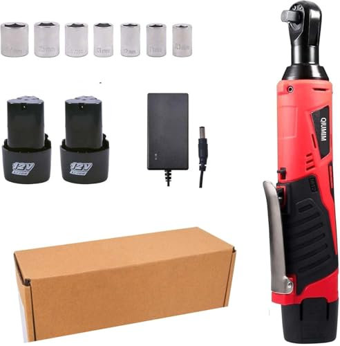 QIUMIN Chiave a Cricchetto a Batteria 45 N.m, Set di Chiavi da 3/8, Avvitatore Elettrico con 2 Batterie da 1500mAh, 12V Senza Fili con LED, 7 Bussole per Riparazioni Domestiche e Officina