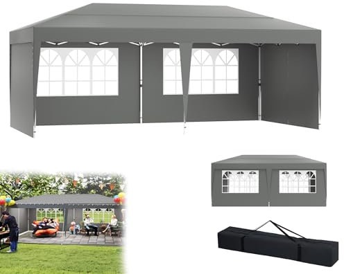 YRHome 3x6m Pavillon mit 6 Seitenwände Höhenverstellbar Wasserdicht Stabil Winterfest Faltpavillon Pop-Up Partyzelt Gartenzelt Gartenpavillon UV Schutz 210D Oxford-Gewebe inkl. Tasche Grau