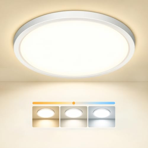 Tyreses LED Deckenleuchte Flach Rund, Modern Lampe Decke, Ø18cm | 3 Farbtemperaturen, 12W, CRI>80, flimmerfrei, blendarm, IP54, einfache Montage, für Küche, badezimmer, Flur