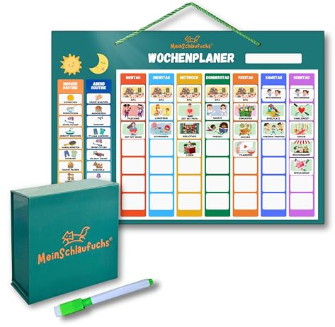 MeinSchlaufuchs® Wochenplaner Kinder - Montessori Magnettafel inkl. 250 Magnete, Aufbewahrungsbox, Kordel & Stift - 2-in-1 Wochenplan & Routineplan - Morgenroutine & Abendroutine für Kinder (Grün)