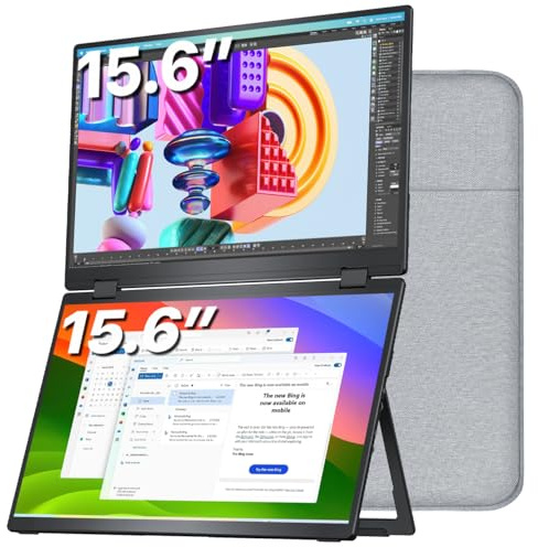 VisionOwl Dual Tragbarer Monitor 15,6 Zoll, 1080P FHD IPS Externer Bildschirm, USB-C HDMI Mobiler Doppel-Display für Mac PC PS5 Xbox, integrierter Standfuß, Lautsprecher, VESA montierbar