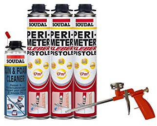 Soudal Kombi Set 3 x Perimeterkleber 750ml Dose + 1 x Soudal PU- Reiniger 500ml Dose + Schaumpistole Compact