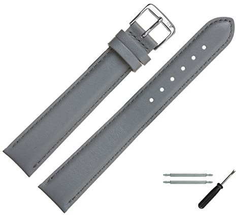 MARBURGER Uhrenarmband 18mm Leder Grau Silber XL Glatt Mit Naht - Montage Set 6601815000120