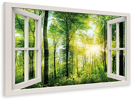 PICSonPAPER Leinwandbild Fensterblick zum Wald, 70 cm x 50 cm, Dekoration, Kunstdruck, Wandbild, Geschenk, Leinwand Natur