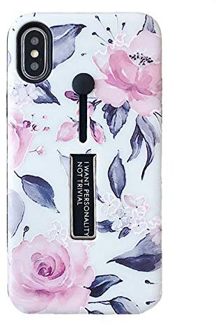 iPhone X/XS Case Finger Grip,3D Embossed Pink Flowers White shell Design,Rugged Shockproof Slim Fit Dual Layer Finger Ring Loop Strap Case,Invisible bracket phone case for iPhone X/XS (White 1)