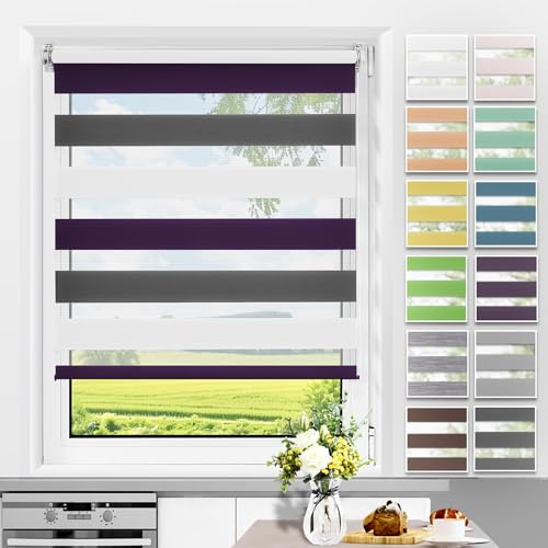 Allesin Doppelrollo Klemmfix ohne Bohren & mit Bohren, Duo Rollos für Fenster und Tür, Klemmrollo Fensterrollo lichtdurchlässig, Sonnenschutz, B60 x H120cm (Stoffbreite 60cm) Weiss-Lila-Anthrazit