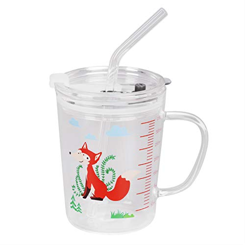 TINAYAUE Milk Glass with Scale, Glass Tumbler with Straw & Lid, Heat Resistant Microwave Oven Safe Breakfast Milk Cup Mug, Cute Cartoon Water Glass Bottle for Kids, Liquid Measuring Cup (Fox)